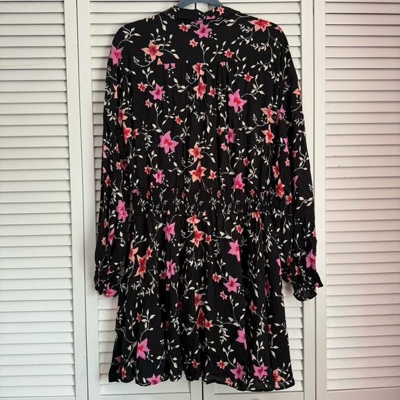 Free People Lighten Up Floral Long Sleeve Black Mini Dress Size Medium - Picture 3 of 12